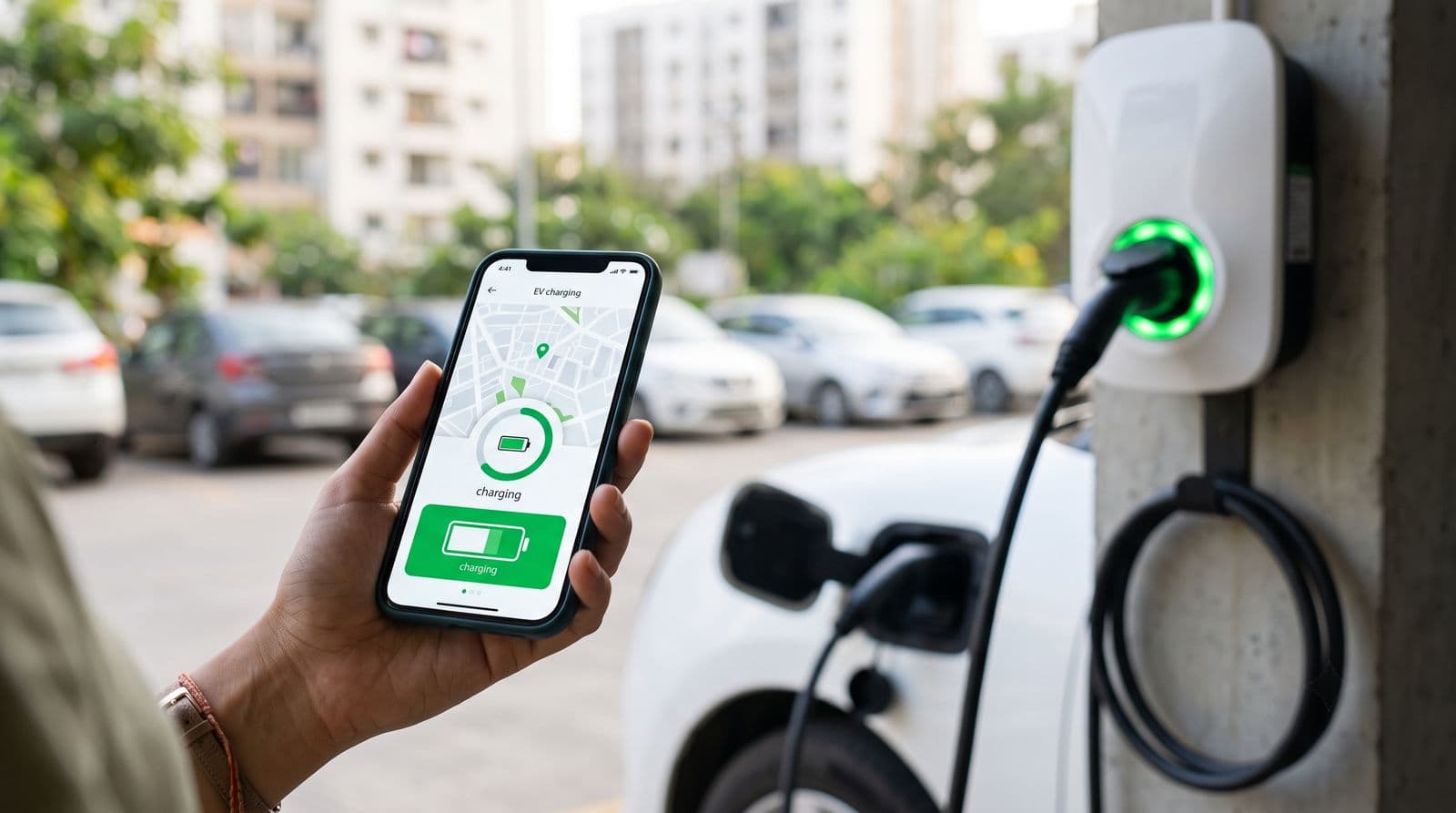 EV driver checking charging progress in the AmpHive app next to a charging car