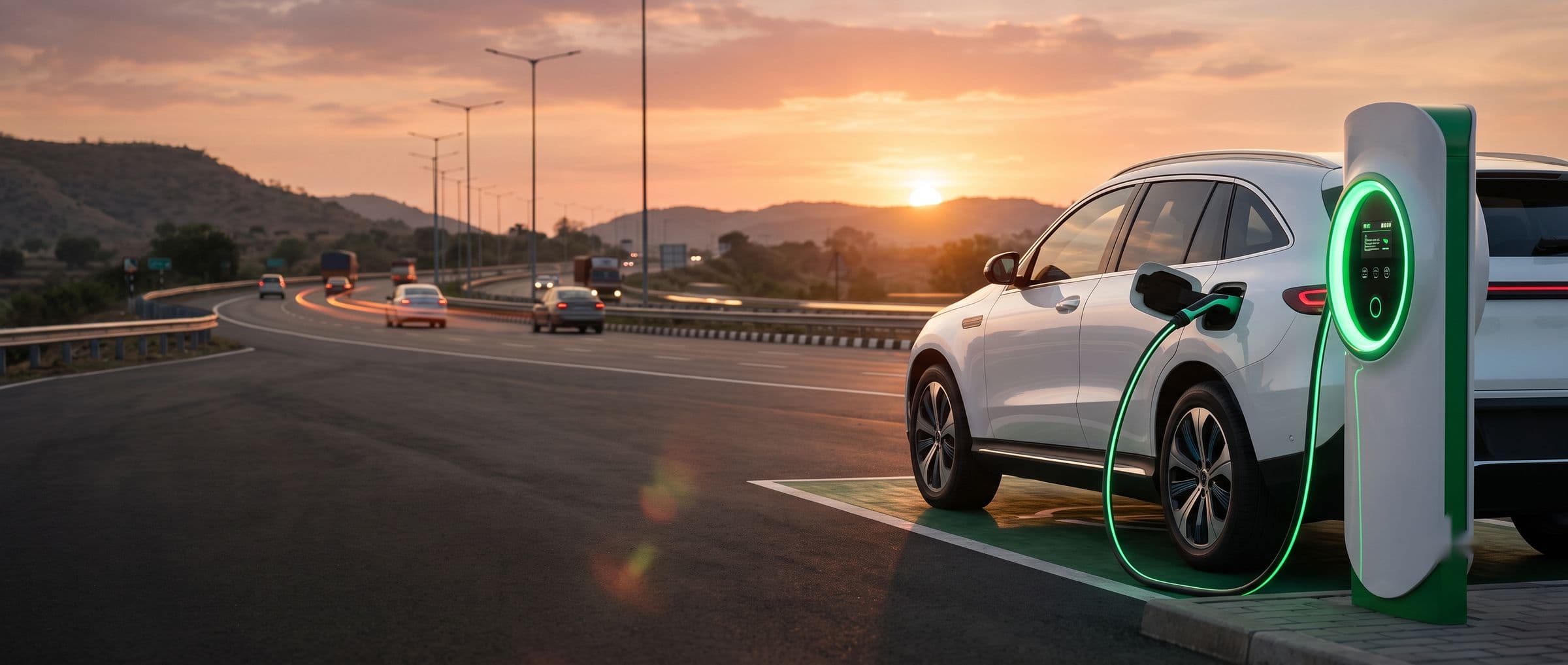 Electric SUV charging at a highway charging station at sunset