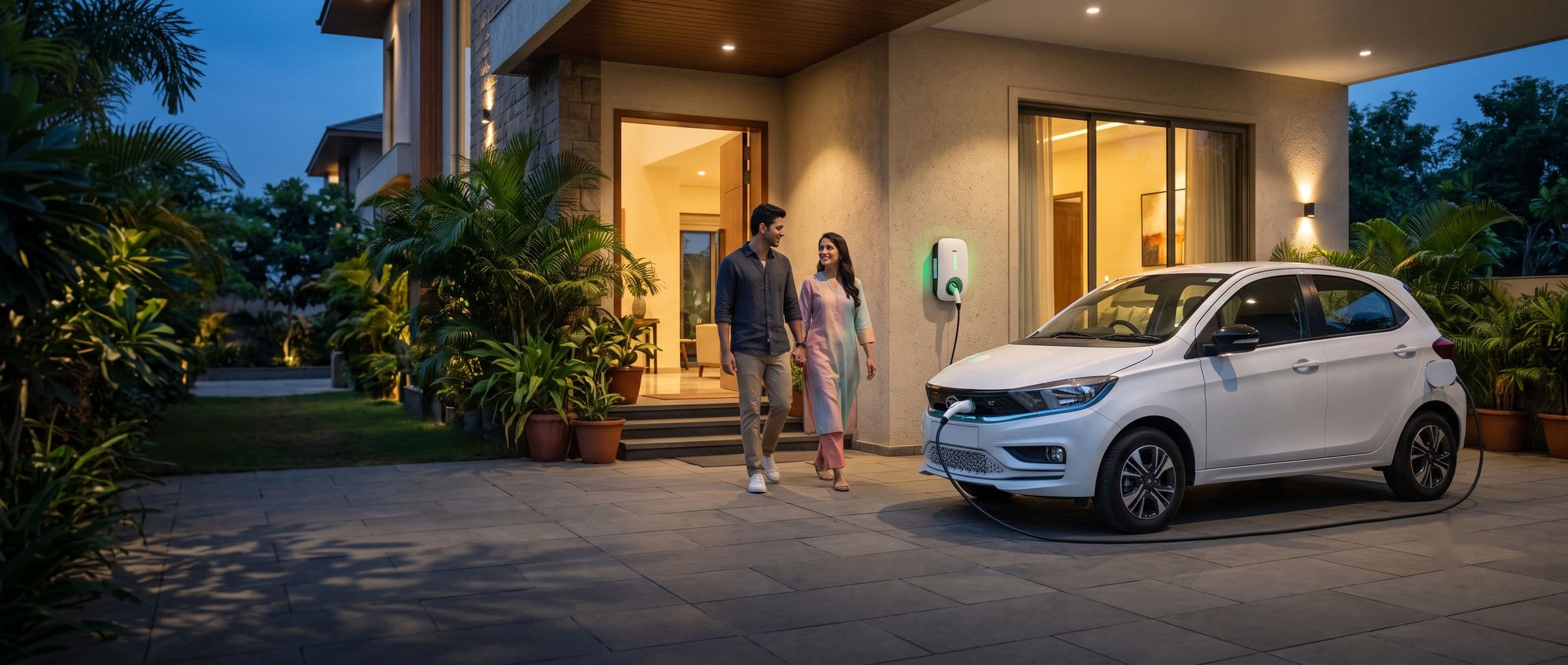 Couple walking past their electric hatchback charging at a home wall charger