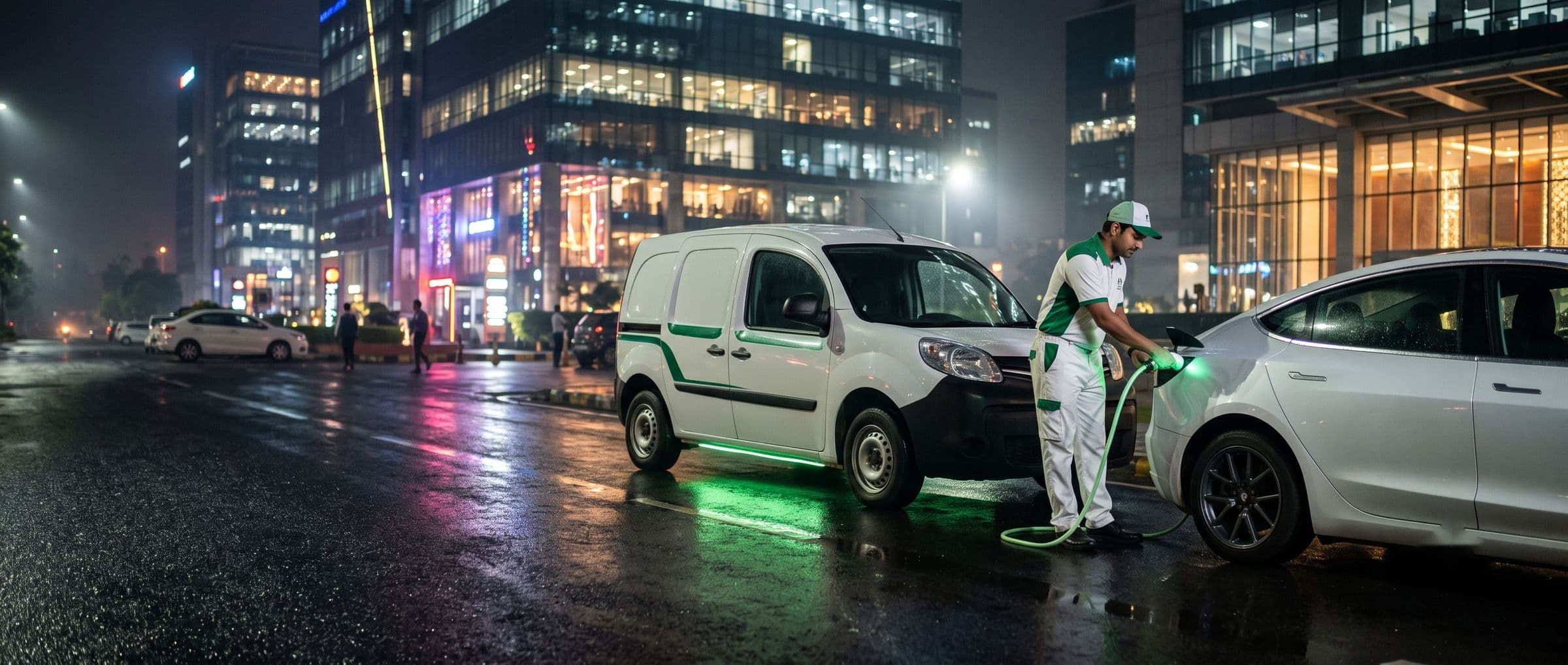 AmpGo technician charging an electric car from a mobile charging van on a city street at night
