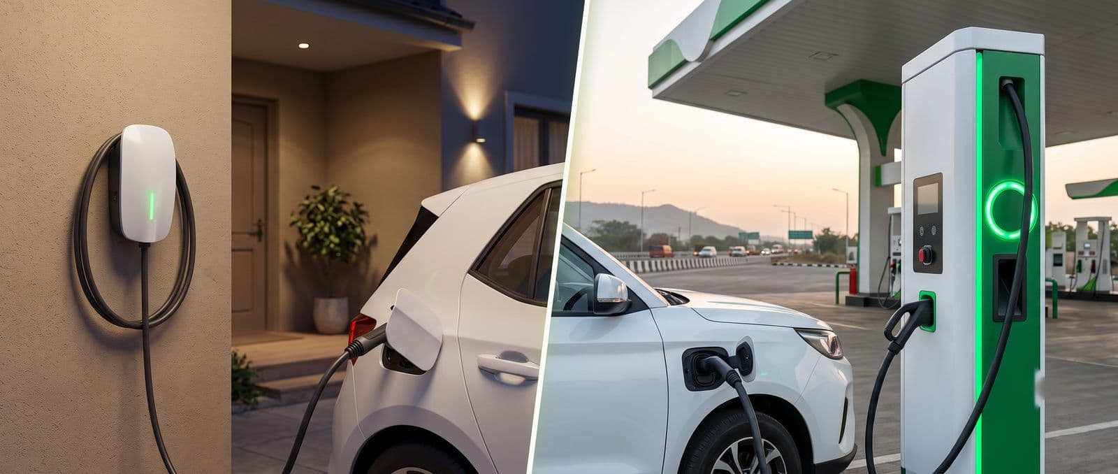 A home AC wall charger beside a public DC fast charger, each charging a white electric car