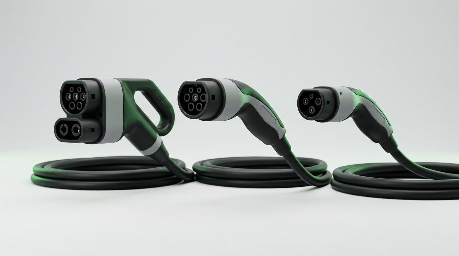 CCS2, Type 2 and light-EV charging connectors side by side