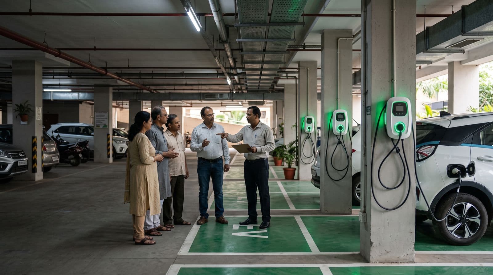 Residents and a facility manager discussing wall-mounted EV chargers in an apartment car park