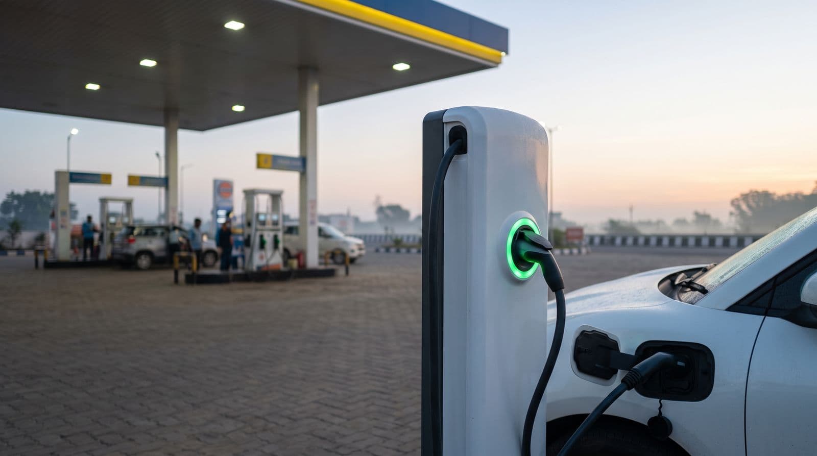 Electric car charging at a charger with a petrol pump in the background
