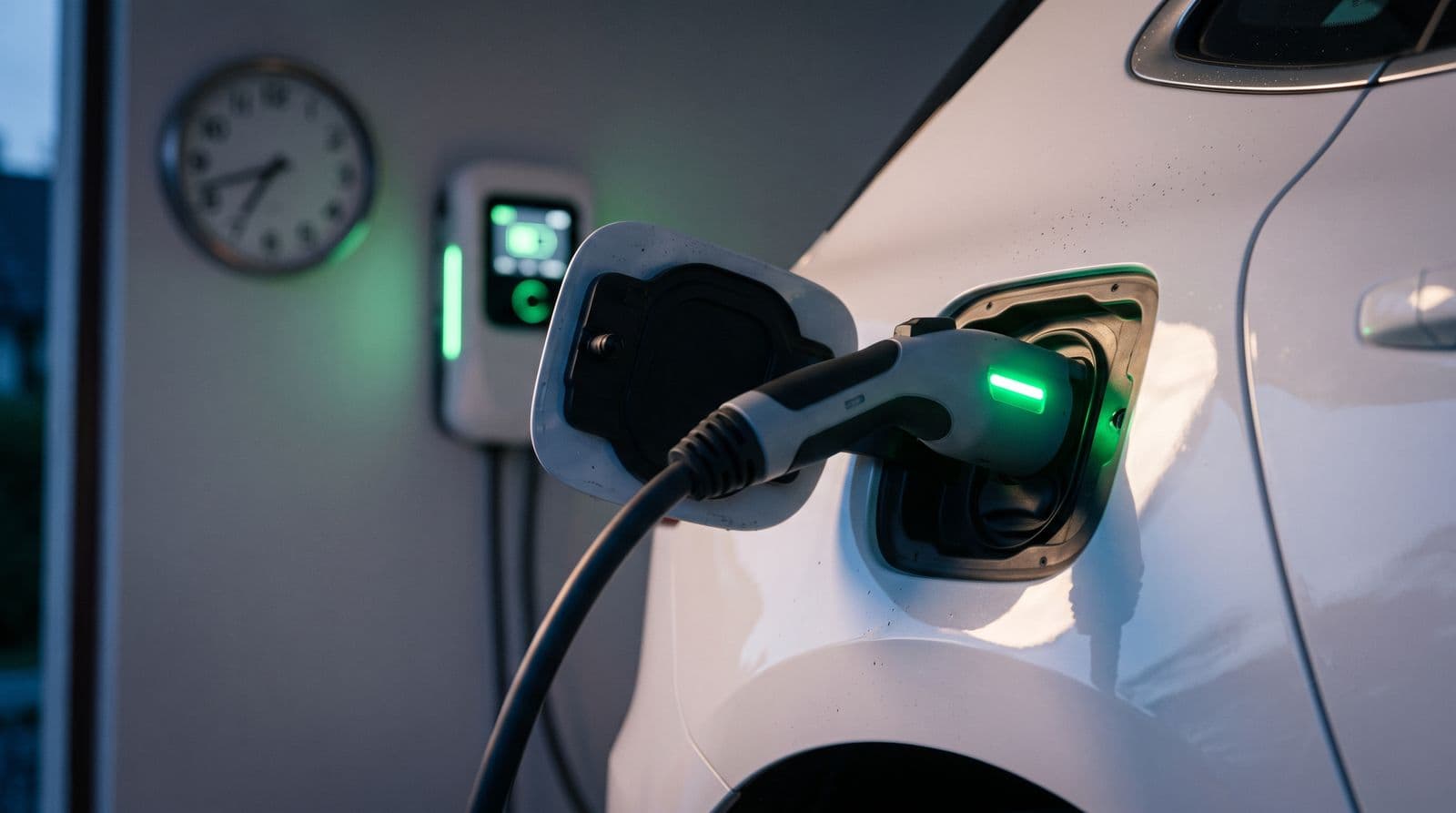 EV charging connector plugged into a car beside a home wall charger